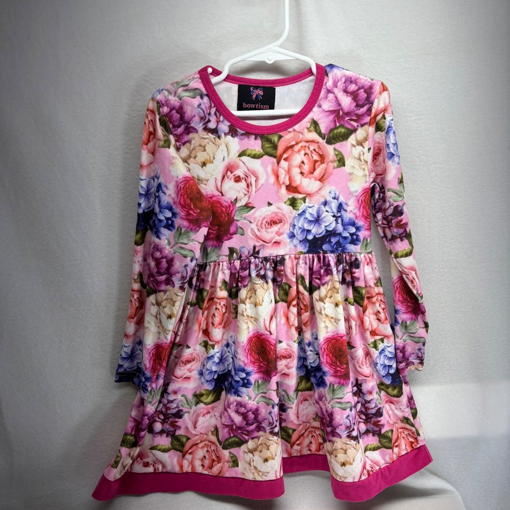 Bowtism Girls Floral Print Long‎ Sleeve Dress Pink Blue Roses Hydrangeas Size 5T